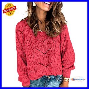 Crewneck Pullover Sweater Hollow Cable Knit Elegant Soft Loose Fit Long Sleeve